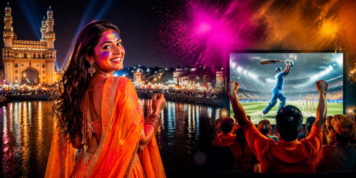 Crowd watching cricket match under colorful Holi festival preparations in Hyderabad