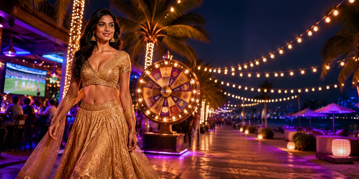 A vibrant cricket betting scene with Indian traditional dress in background.