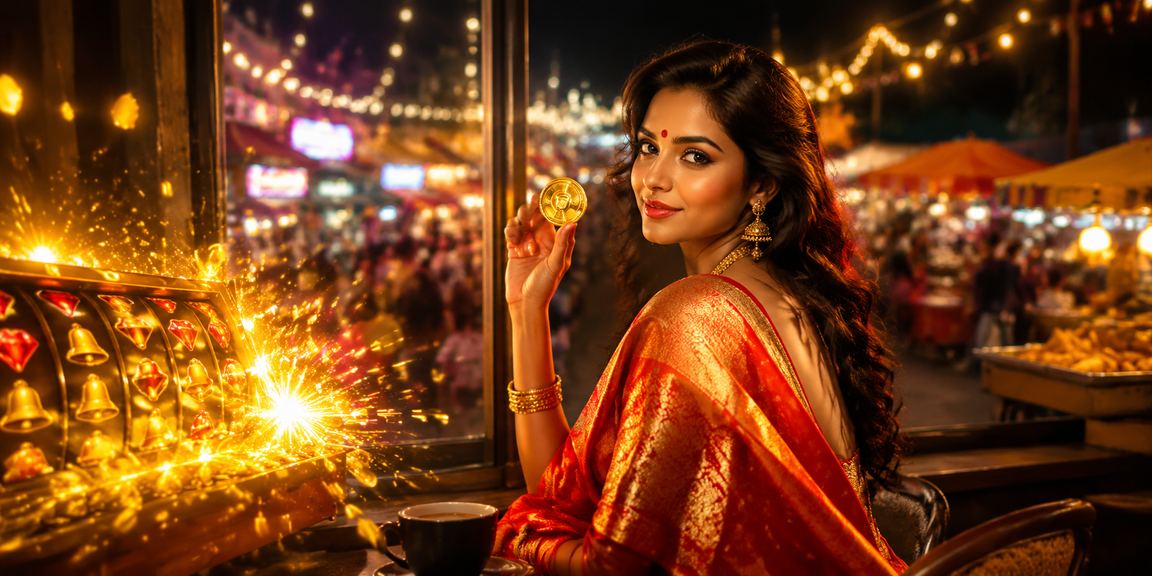 Traditional Indian woman celebrating wins in a lottery-themed slot game at home